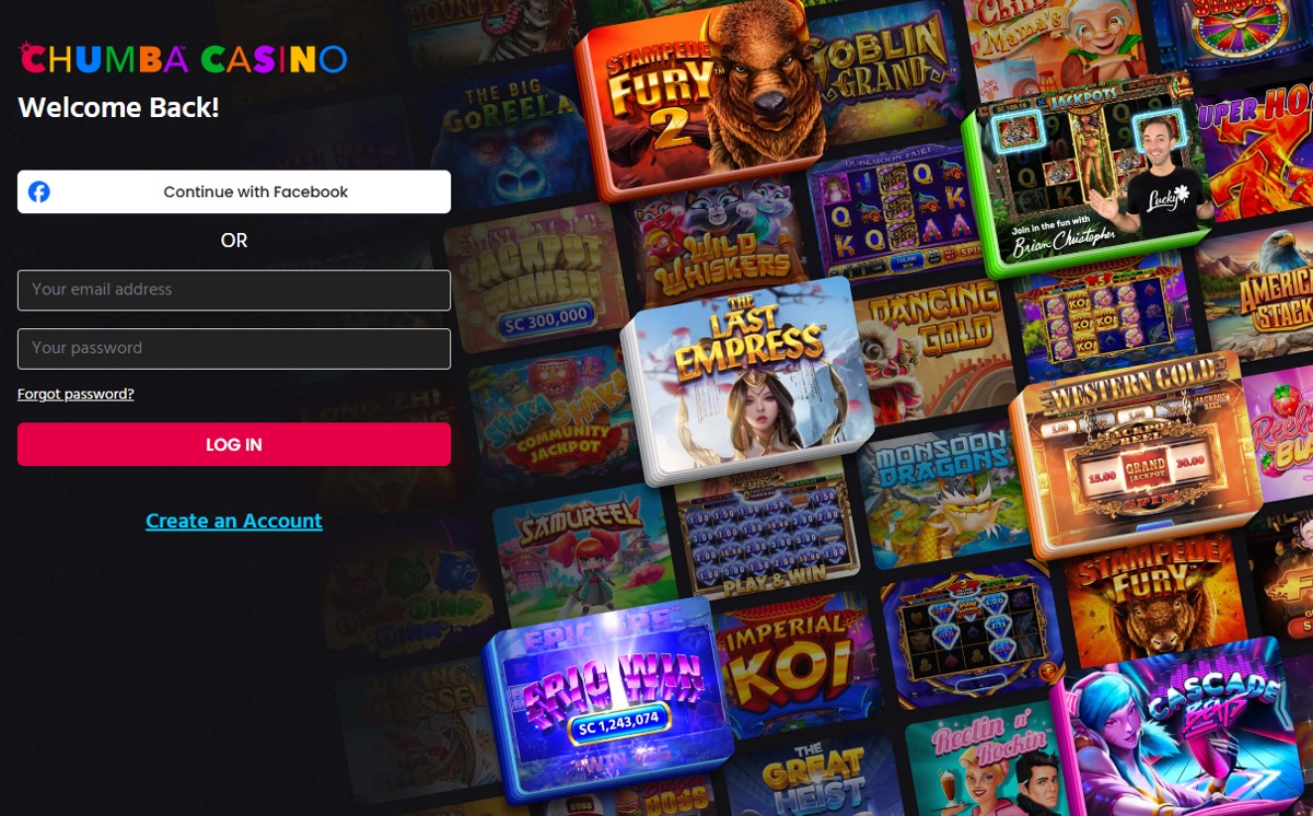 Chumba Casino log in page featuring game examples