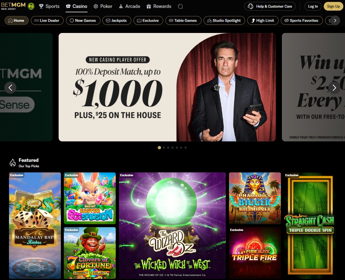 BetMGM casino homepage with new player offer and featured games
