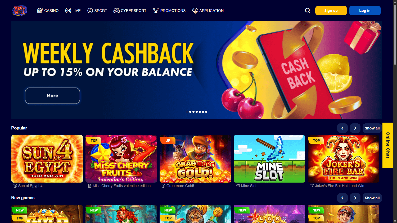 Screenshot of Verywell Casino homepage on desktop