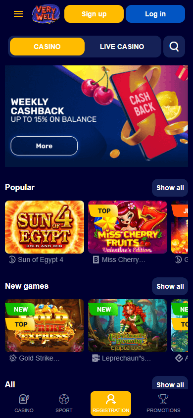 Verywell Casino mobile interface showing game lobby on a smartphone