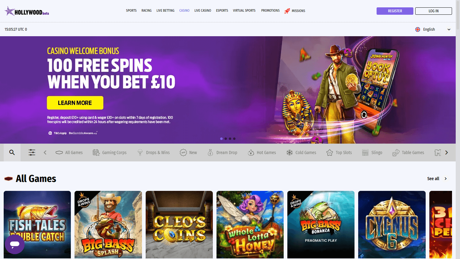 Hollywood Bets casino lobby website screenshot