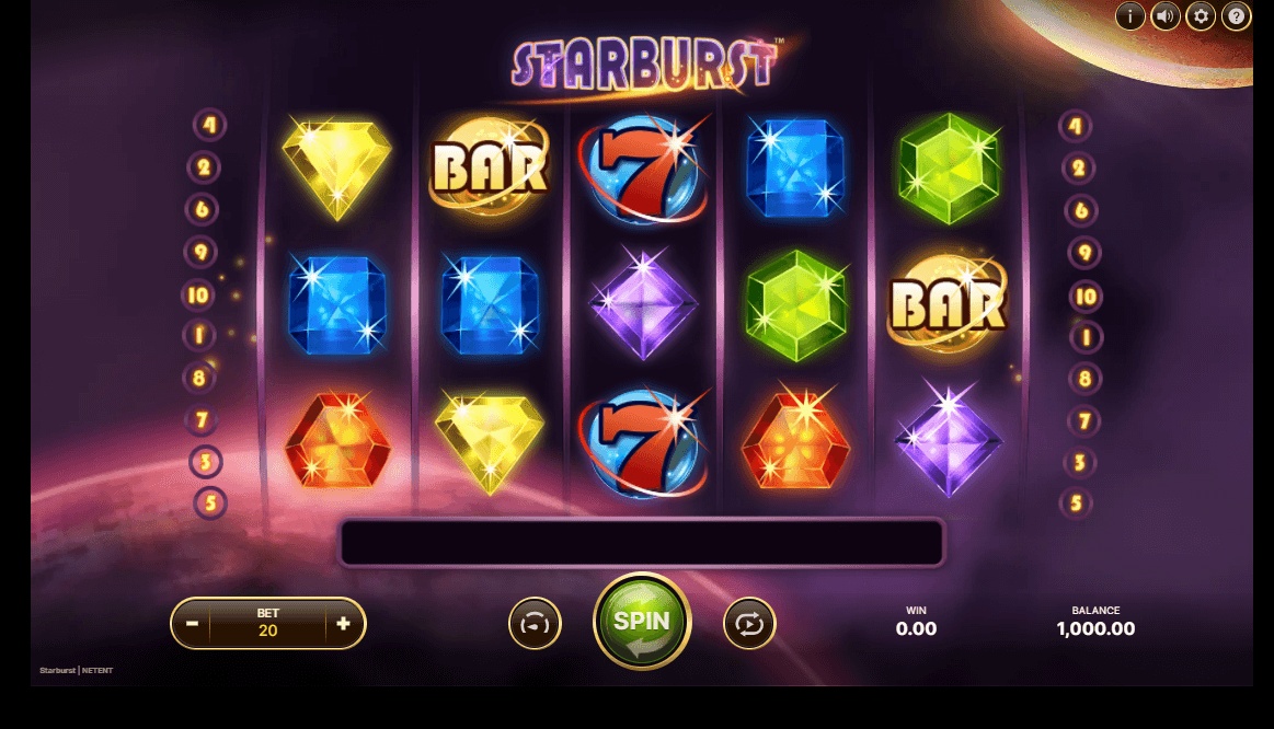 Starburst slot game reels with colourful gem symbols and spin button.