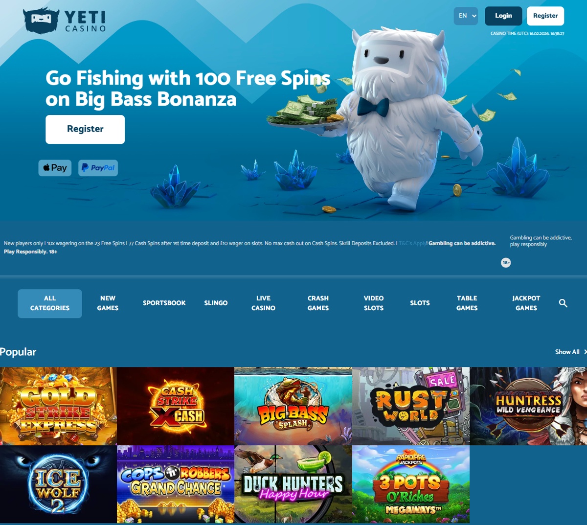Yeti Casino home page with welcome offer and popular slot games