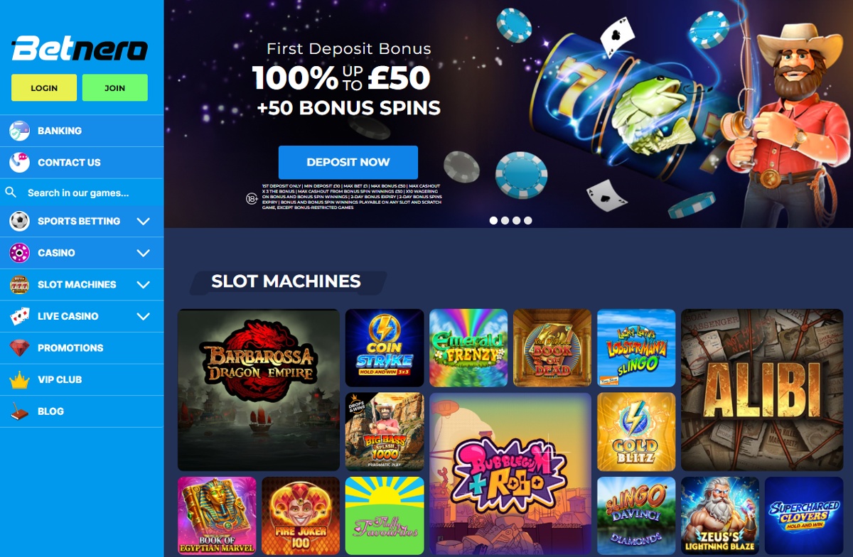 Betnero homepage with first deposit bonus and slot machine games