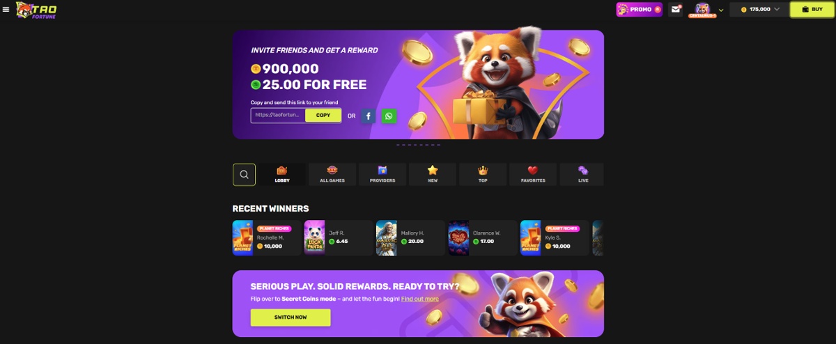 Tao Fortune homepage showing top sweepstakes casino bonuses