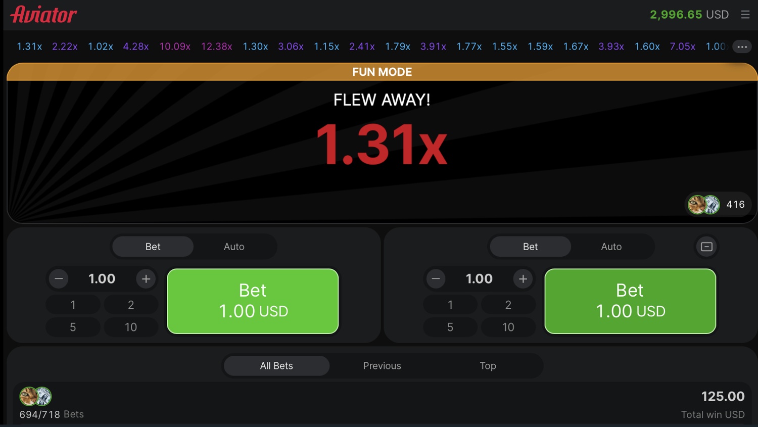 Aviator game screenshot showing multiplier and bet interface