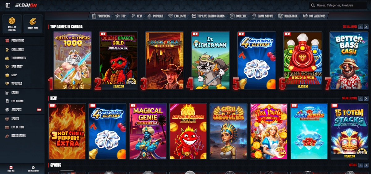 Games lobby at Glorion online casino in Canada