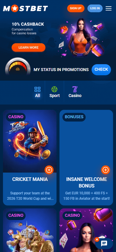 Mostbet kaszinó promóciók mobil nézetben