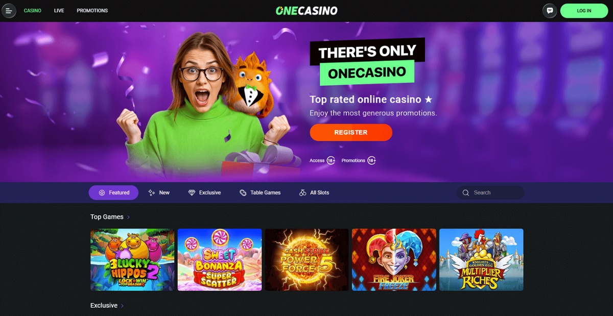 One Casino homepage showing top casino games