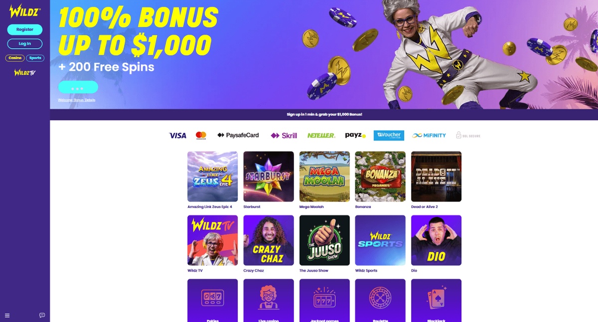 Wildz homepage showing the welcome bonus of 100% up to $1,000