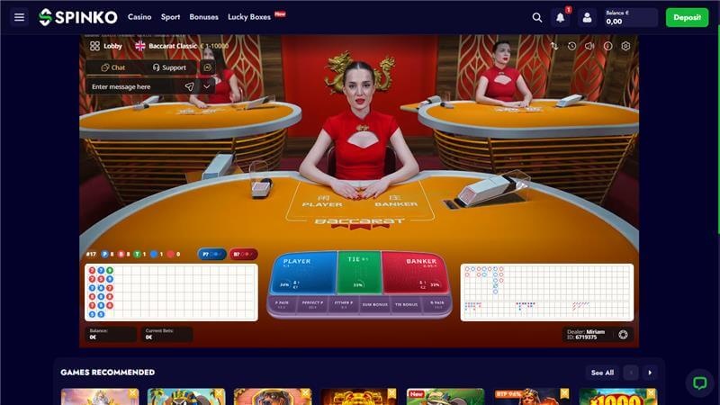 Classic live baccarat at Spinko casino on desktop