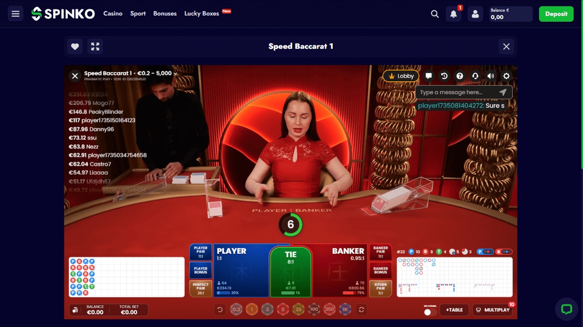 Speed live baccarat at Spinko casino on desktop