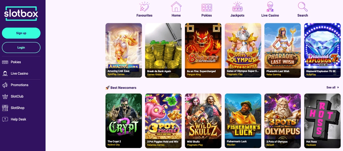 Slotbox Casino library showing top and new slots available to New Zealand players.