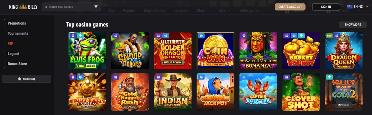 The King Billy Casino lobby showing top casino games alongside a navigation menu showing promotions, tournaments, and a VIP section.