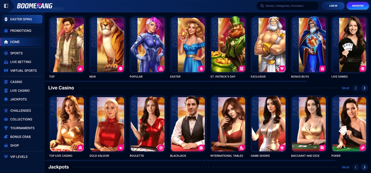 The BOOMERANGBET casino lobby showing top, new, exclusive, and live casino slots and games.