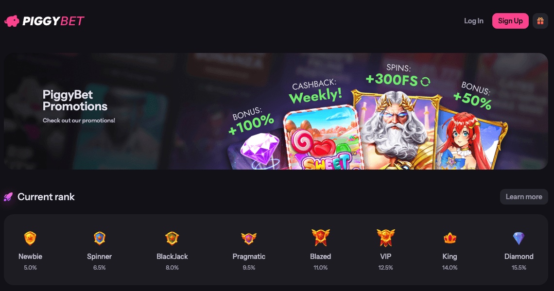 PiggyBet casino lobby with promotions banner highlighting its latest offers.