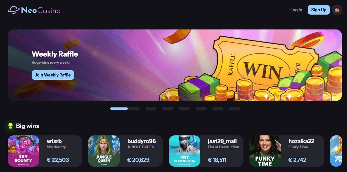 NeoCasino game lobby showing a weekly raffle banner alongside big wins by players.