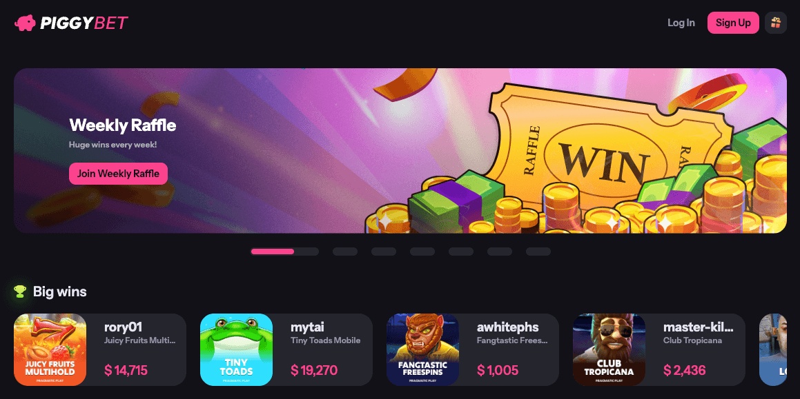 PiggyBet lobby showing player wins and a large banner highlighting the casino's weekly raffle.