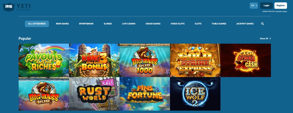 Yeti Casino homepage showing its most popular pokies, including Big Bass Bonanza, and Rust World.