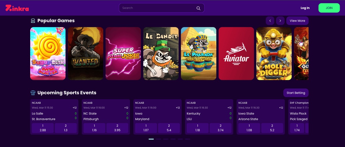 Zinkra games lobby with popular pokies banner and upcoming sporting events information.