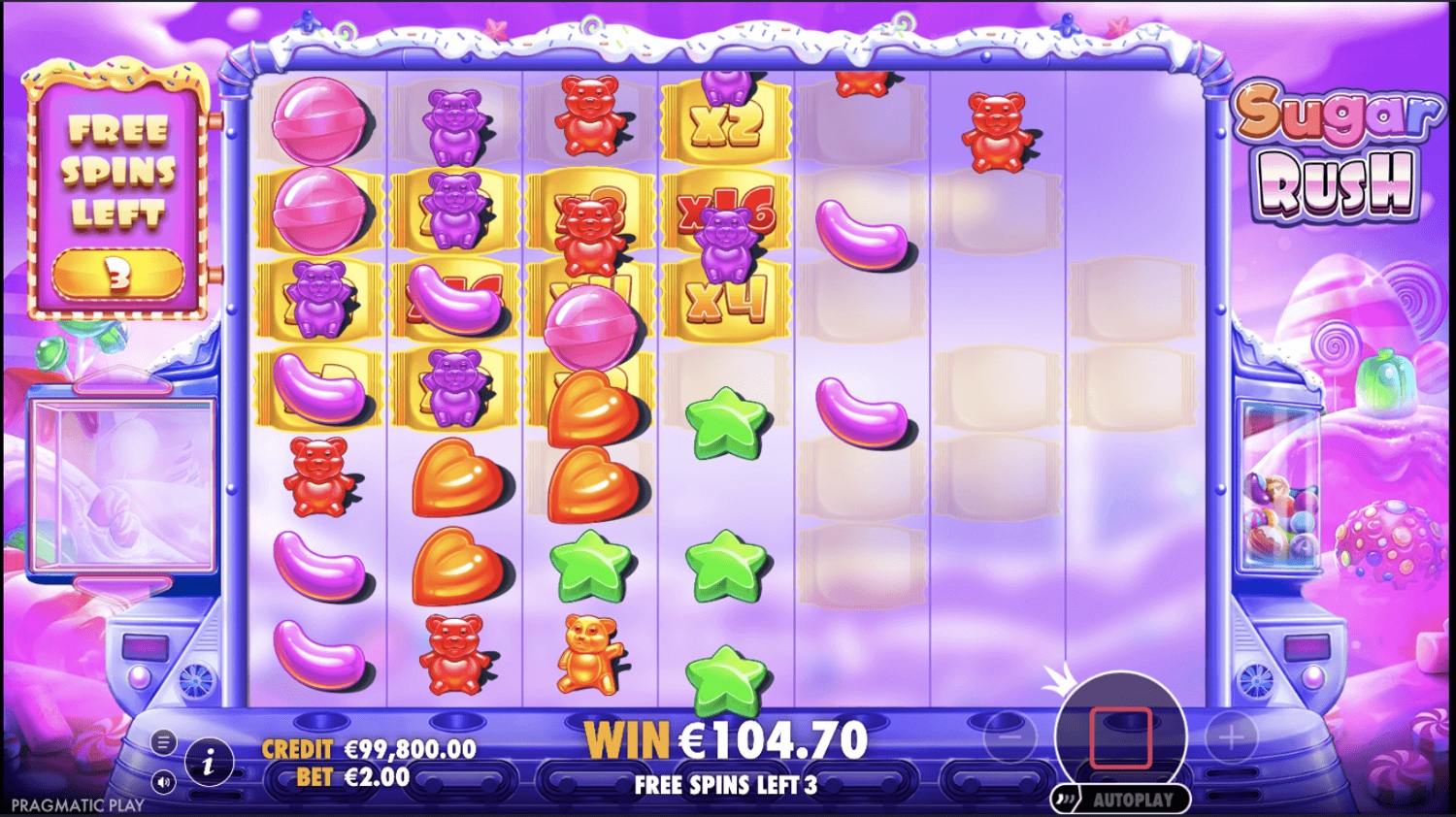 Detailed screenshot of Sugar Rush slot game interface highlighting symbol clusters and UI elements.