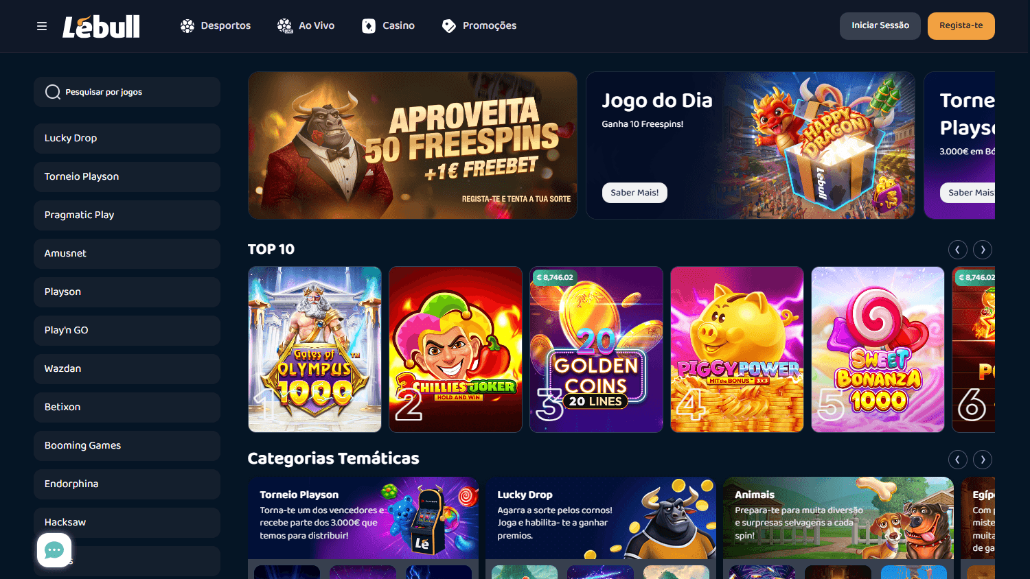 Captura de ecrã da página inicial do Lebull Casino Portugal, mostrando a interface de jogos e promoções