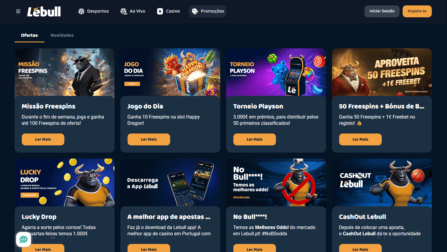 Interface de promoções do Lebull casino no desktop, mostrando bónus disponíveis