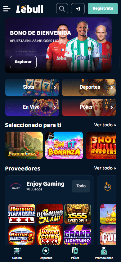 Captura de ecrã da página inicial do Lebull casino num dispositivo móvel, mostrando a interface de jogos