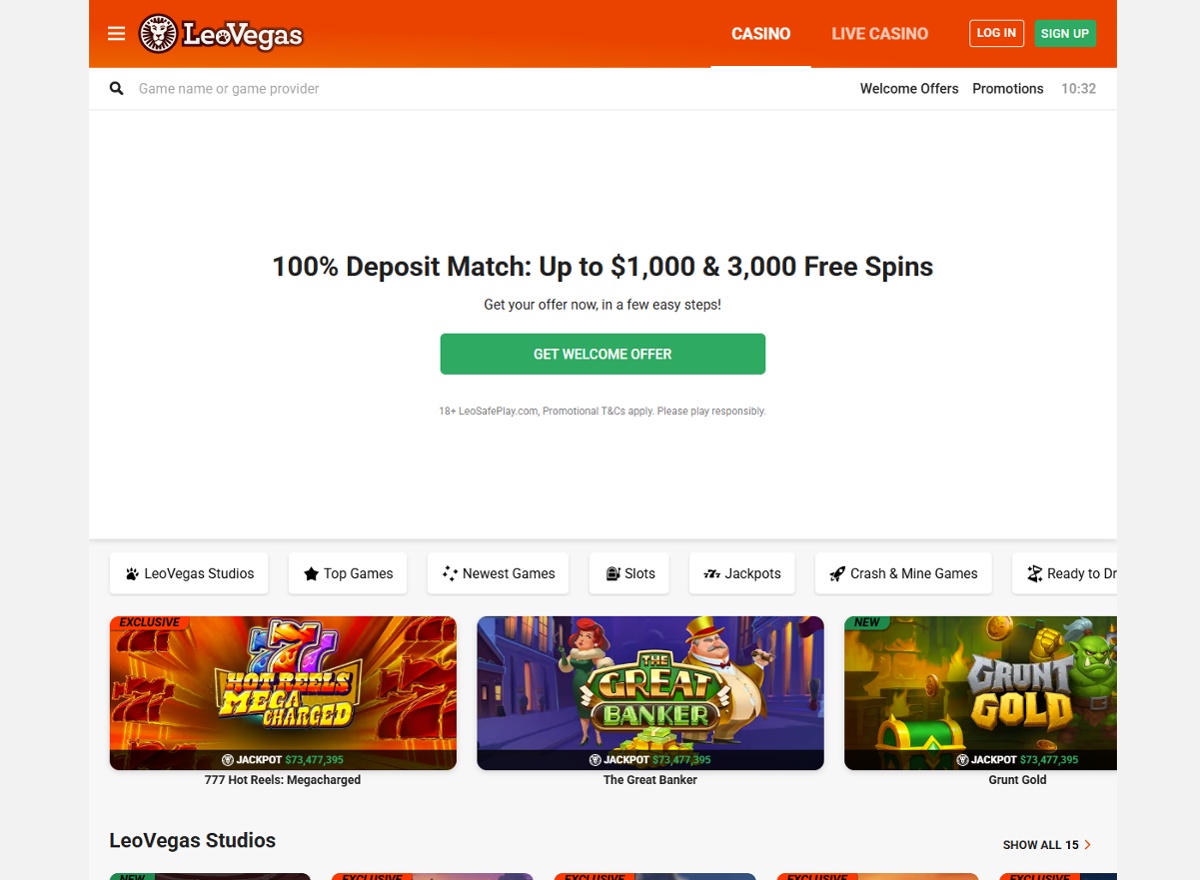 LeoVegas homepage showing the welcome bonus of 100% up to $1,000 + 3,000 FS
