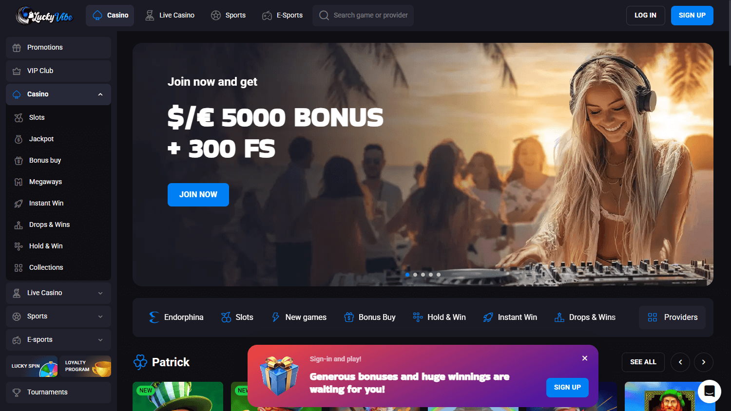 luckyvibe_casino_homepage_desktop