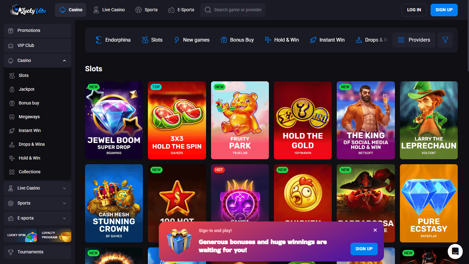 LuckyVibe Casino spillutvalg