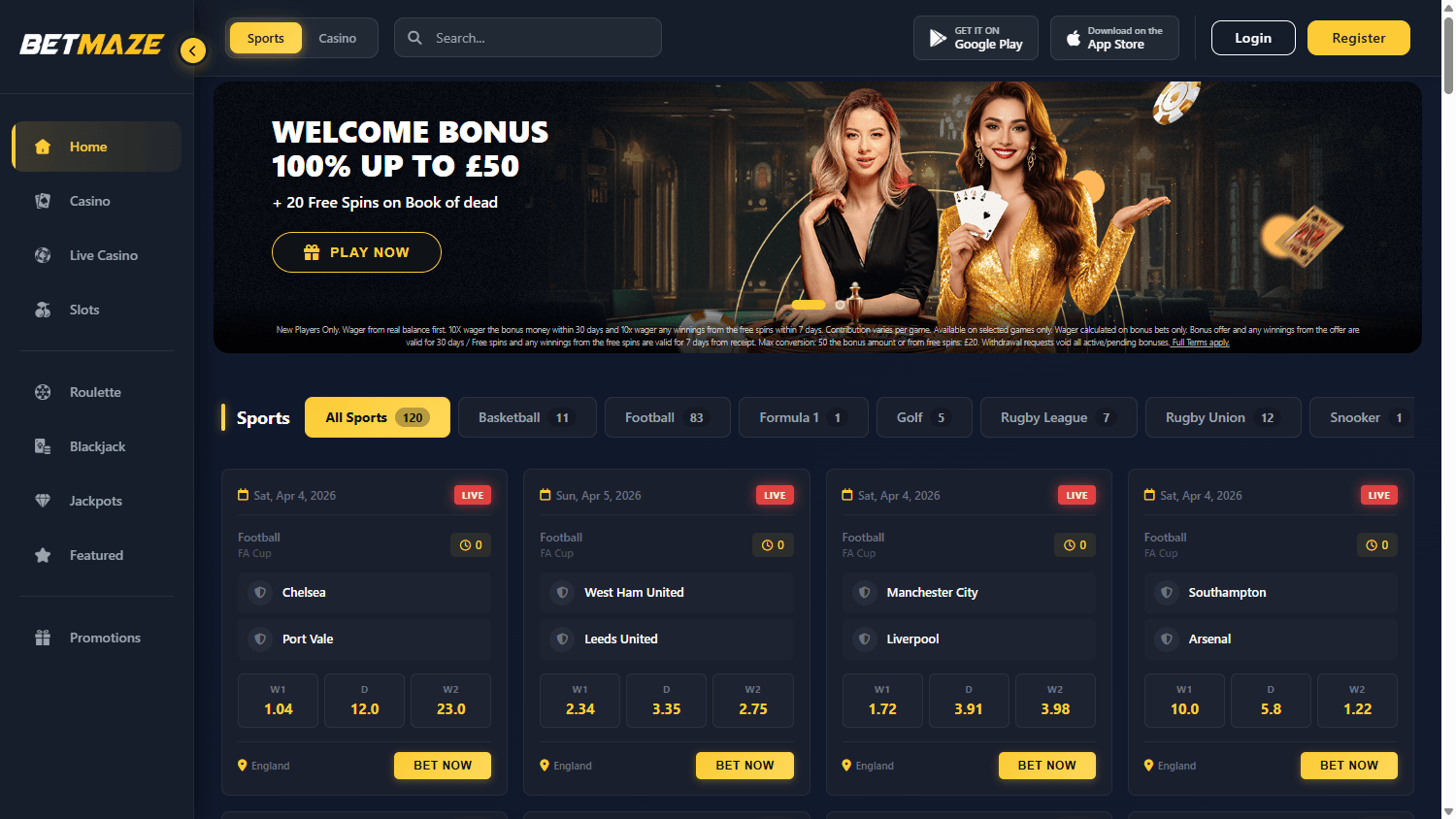 Betmaze homepage website screenshot