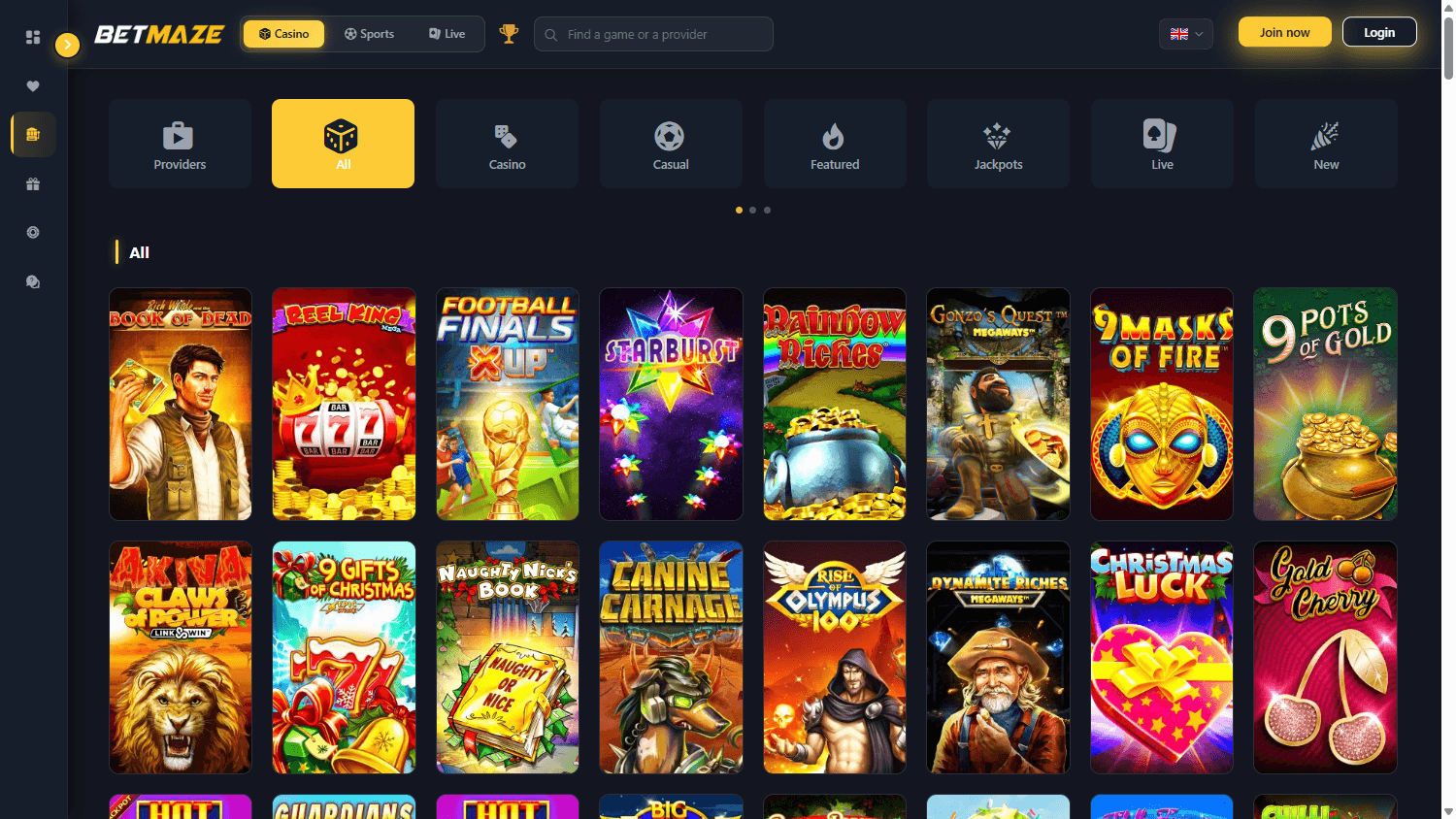 Betmaze casino lobby website screenshot