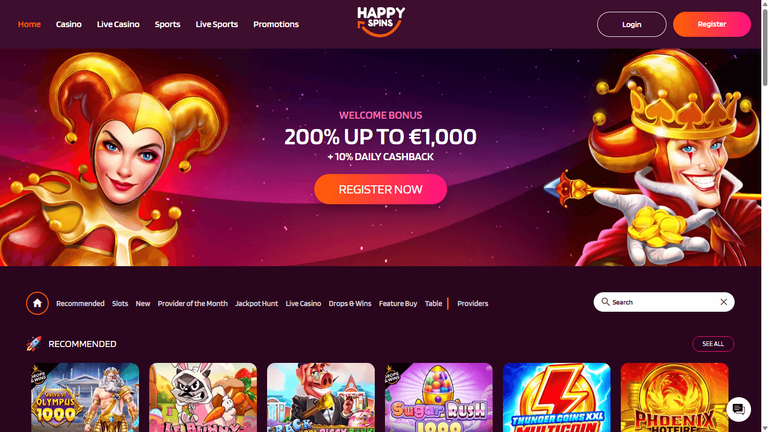 happyspins_casino_homepage_desktop