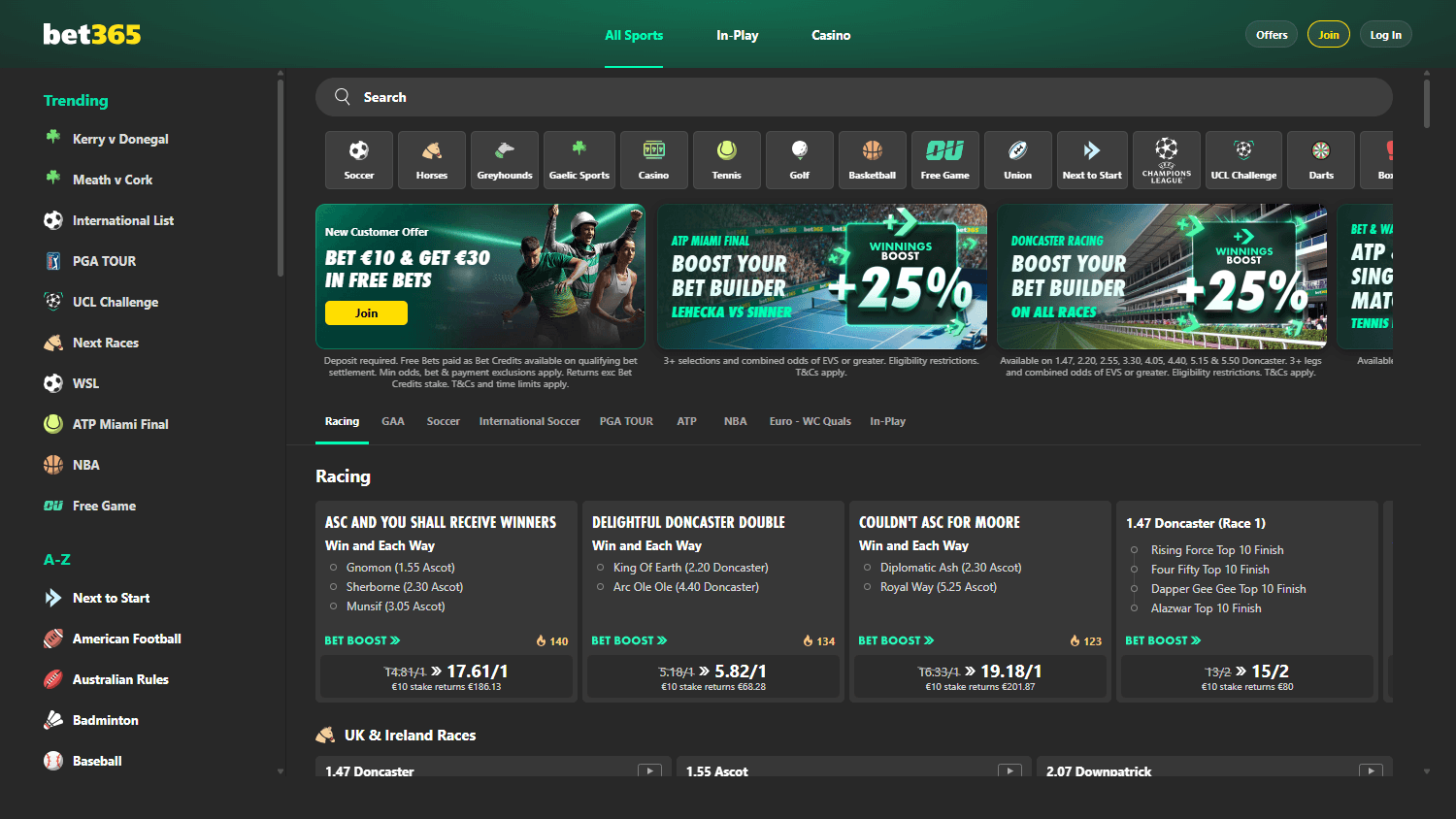 Bet365 homepage website screenshot
