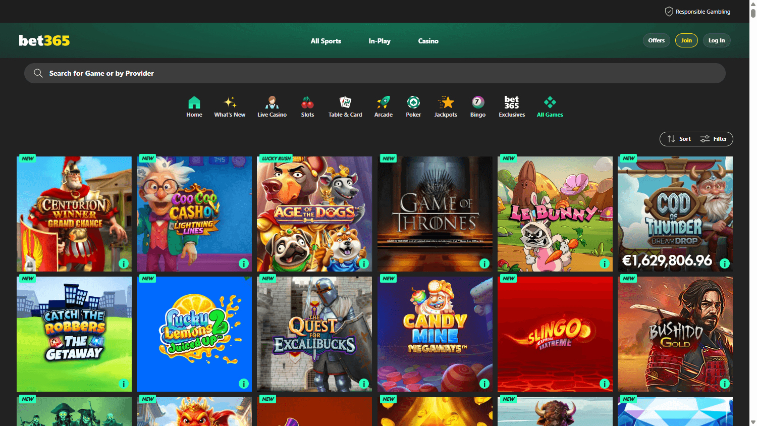 Bet365 casino lobby website screenshot