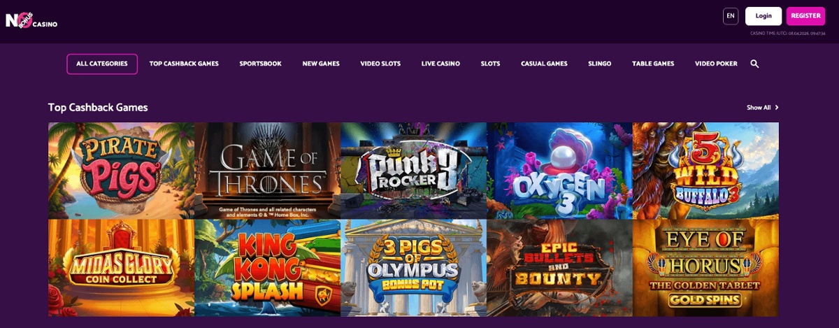 No Bonus Casino's games lobby, showing a banner with its top cashback games.