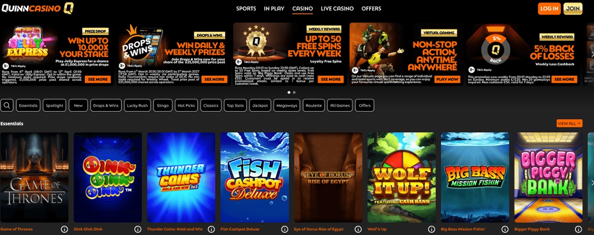 The QuinnBet Casino games lobby, showing a banner of top prizes and offers alongside popular games.
