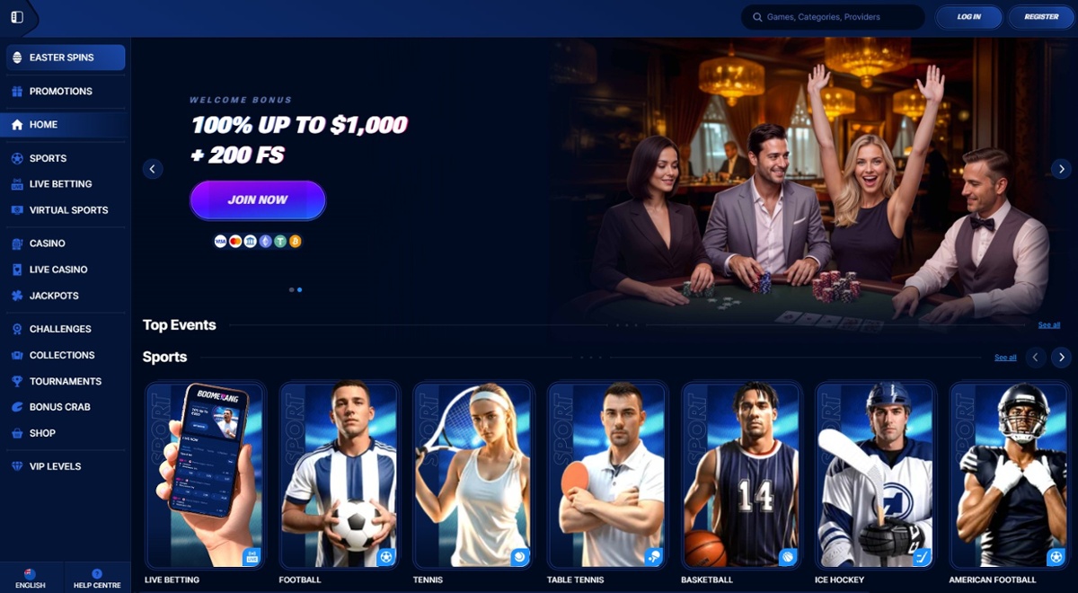 Boomerang-Bet Casino homepage showing the welcome bonus of 100% up to $1,000 + 200 FS