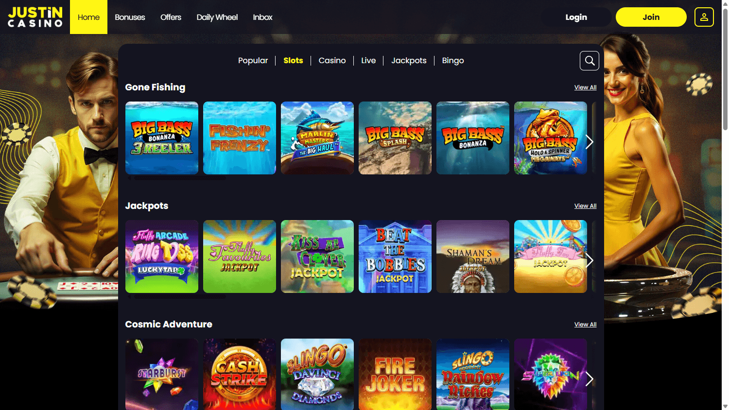 Justin casino lobby website screenshot