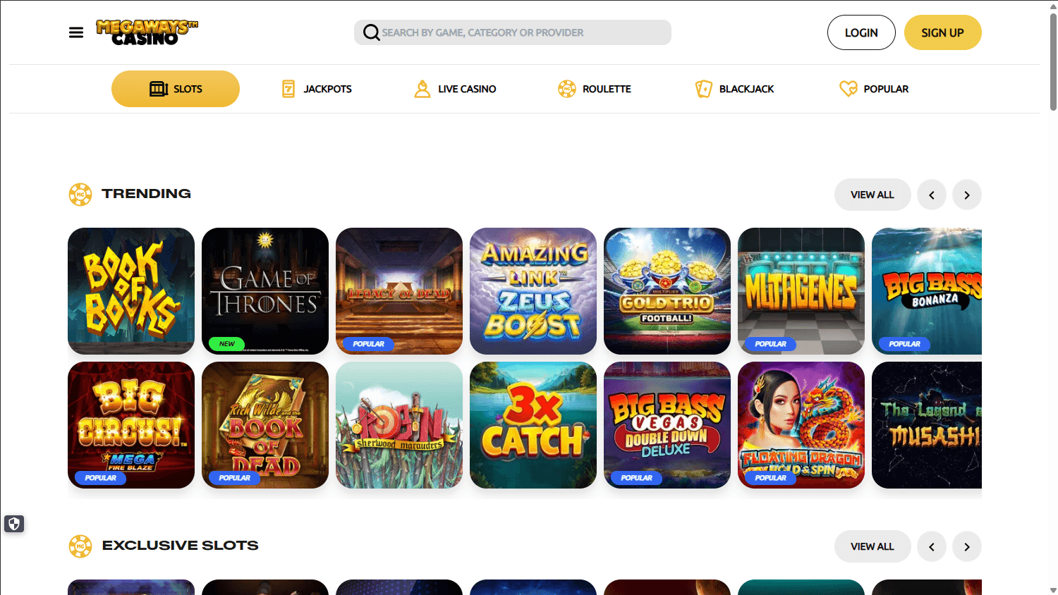 Megaways casino lobby website screenshot