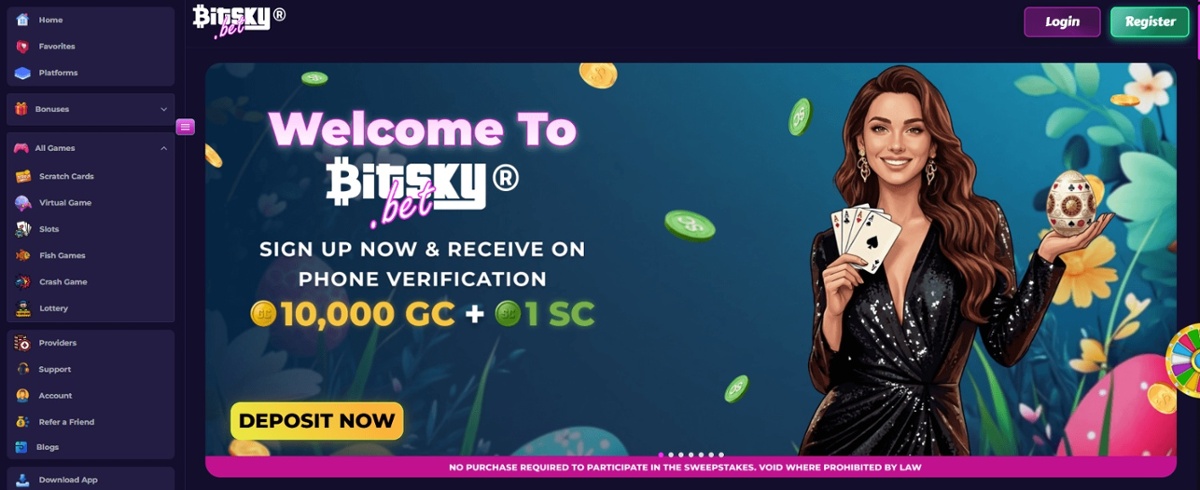 Bitsky.bet welcome offer showing 10,000 Gold Coins and 1 Sweepstake Cash