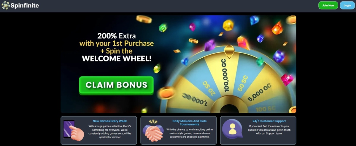 Spinfinite homepage with welcome offer of 200% extra on first purchase and Welcome Wheel rewards