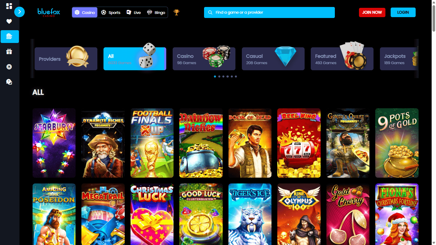 Bluefox casino lobby website screenshot