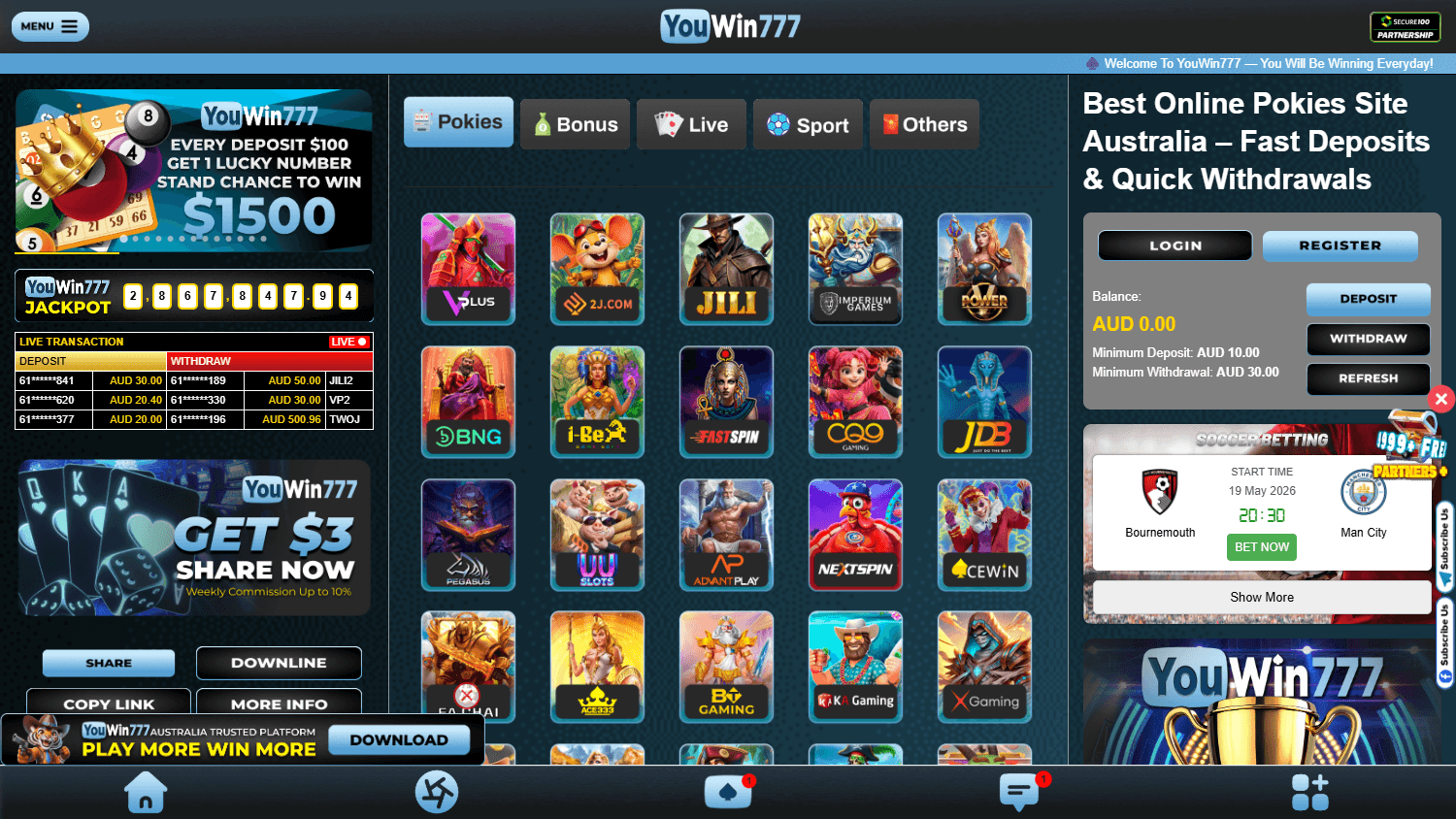 youwin777_casino_homepage_desktop
