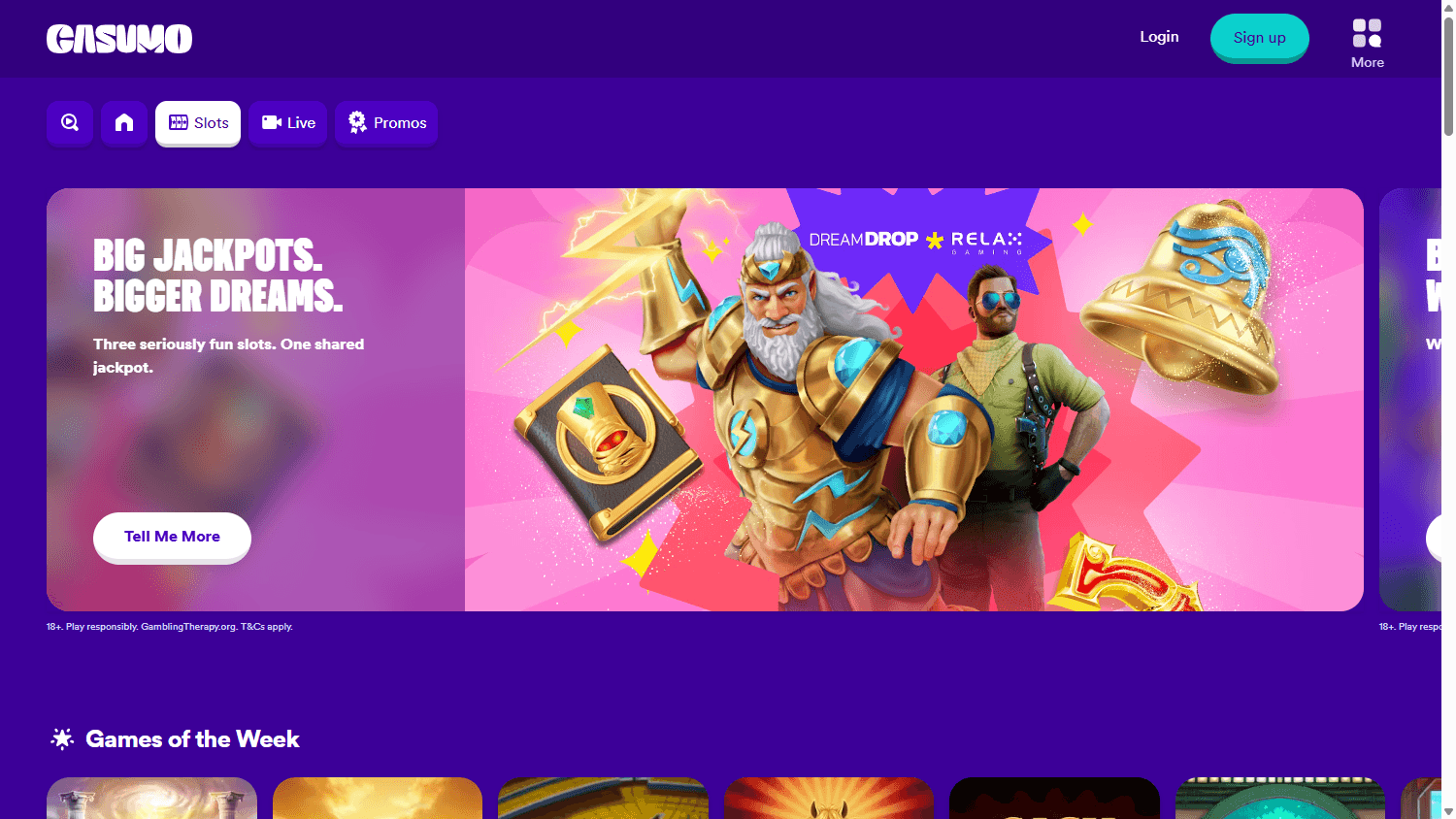 Casumo casino lobby website screenshot
