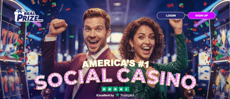 RealPrize sweepstakes casino homepage with social casino banner and sign-up buttons