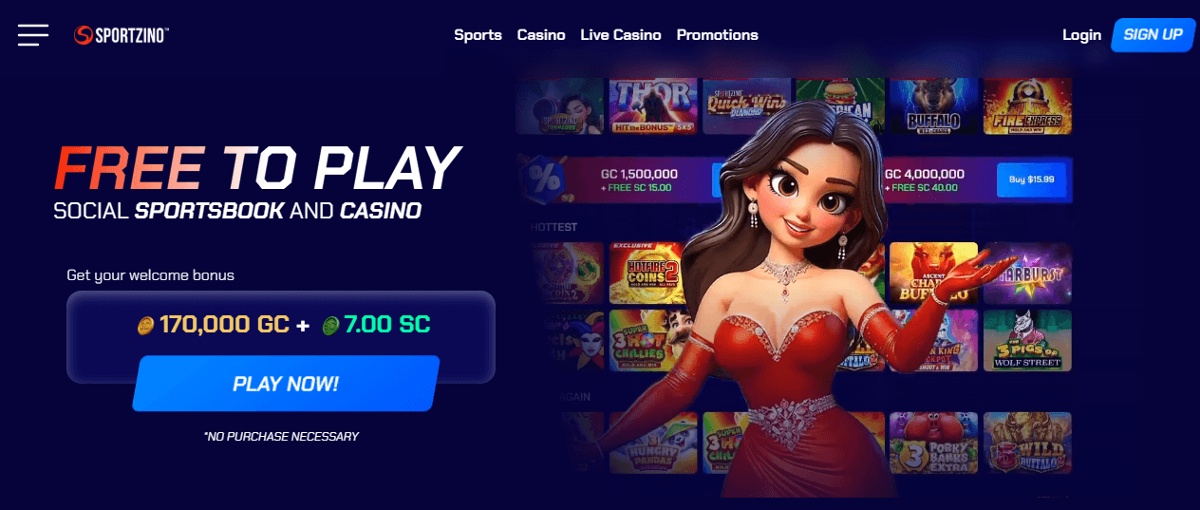 Sportzino Casino homepage showing game examples and the sign up offer