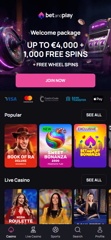 BetandPlay Casino mobil hjemmeside