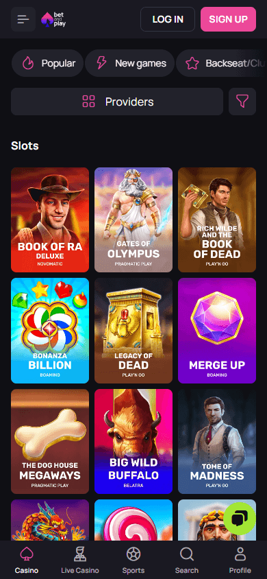 BetandPlay Casino mobil spilloversikt